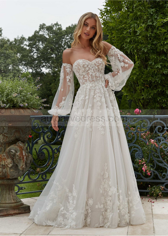 Beaded Ivory Lace Tulle Fairytale Wedding Dress With Detachable Sleeves